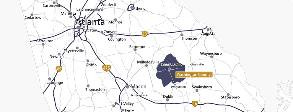 smaller map of Southern US with Washington County Georgia  highlighted